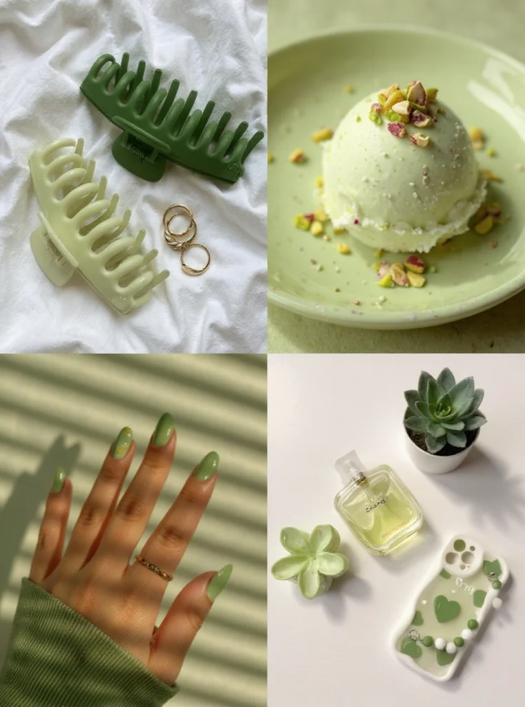 Accesorios y splash en tono pistacho, color estrella de la tendencia verano 2025.
