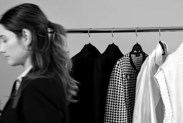 Fotografía en blanco y negro de mujer observando un armario cápsula minimalista