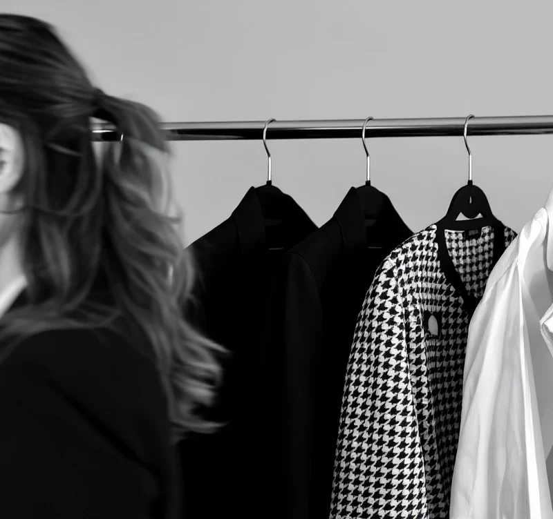 Fotografía en blanco y negro de mujer observando un armario cápsula minimalista