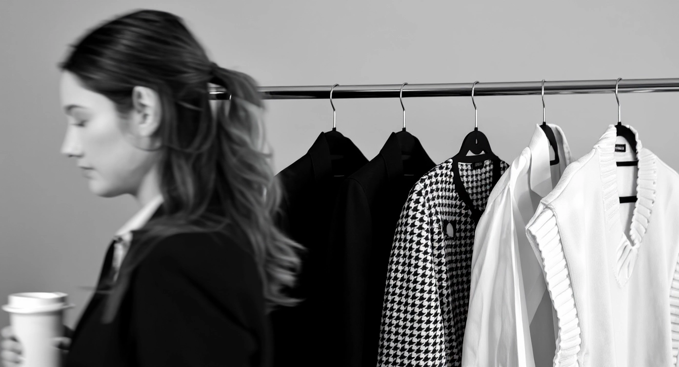 Fotografía en blanco y negro de mujer observando un armario cápsula minimalista
