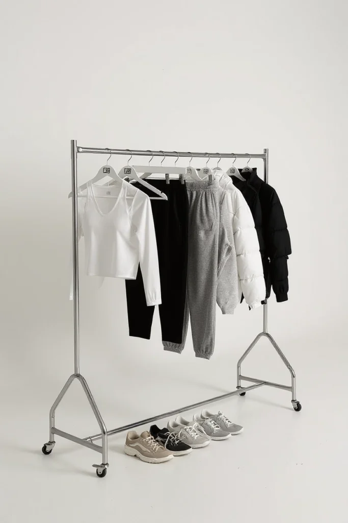 Rack de ropa minimalista con prendas básicas en tonos neutros como ejemplo de armario cápsula