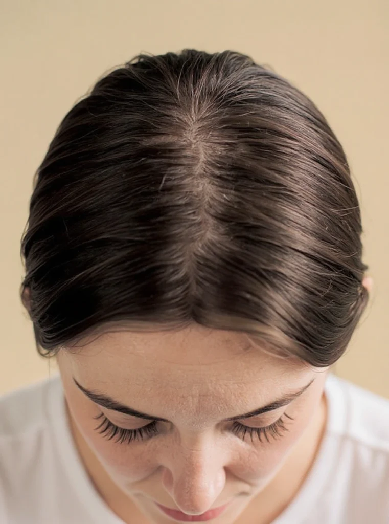 Pelo castaño en cabello graso con tinte ligero y fácil de enjuagar.
