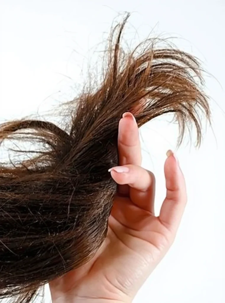 Cabello seco tratado con tinte castaño nutritivo con aceites.