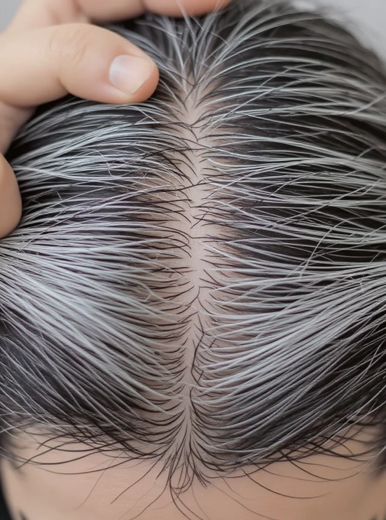 Pelo con canas cubierto con tinte castaño de larga duración.