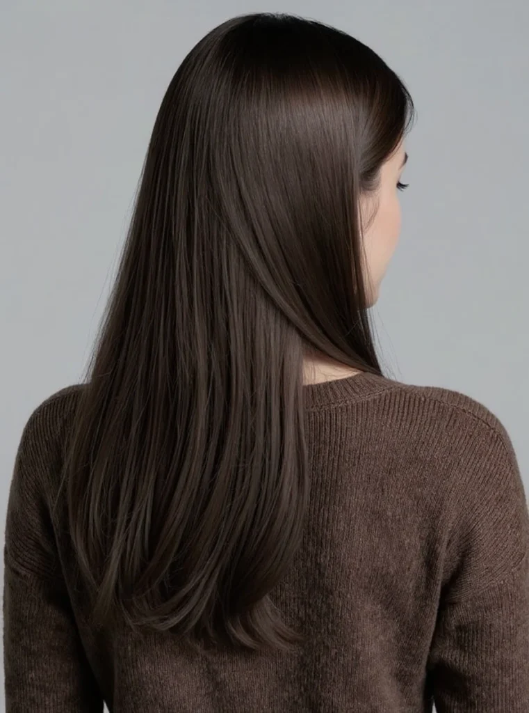 Cabello largo teñido en tono castaño oscuro brillante y elegante.