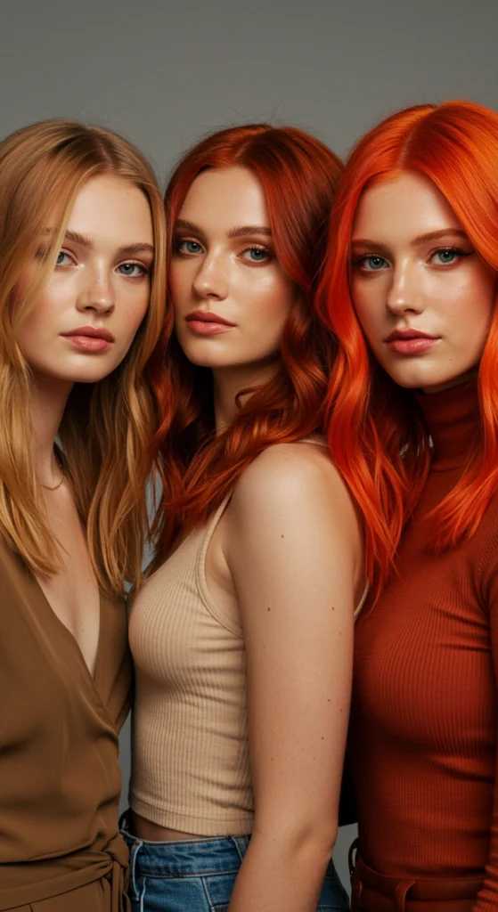 Tres mujeres con cabello en tonos de tintes cobrizos