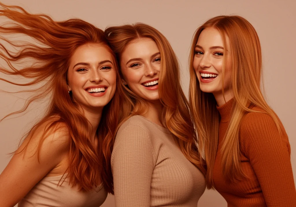 Tres mujeres con cabello teñido en tonos de tintes cobrizos sonriendo
