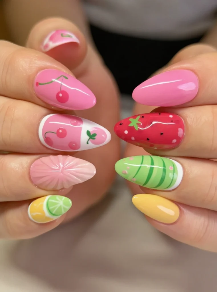 Nail art de frutas en 3D (fresas, limones, sandías), diseño divertido verano 2025.