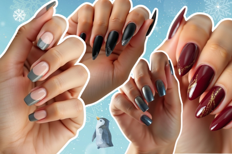 Tendencias de uñas para moda otoño invierno 2025 en tonos nude gris negro satinado burdeos metalizado y detalles dorados elegantes