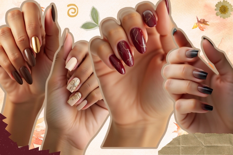 Tendencias de uñas para moda otoño invierno 2025 en tonos marrones nude borgoña y negro con detalles dorados y diseños elegantes