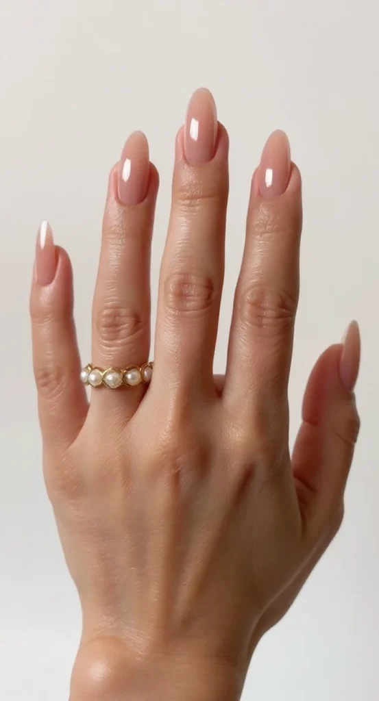 Uñas nude glossy en forma almendrada, look limpio y versátil tendencia 2025.