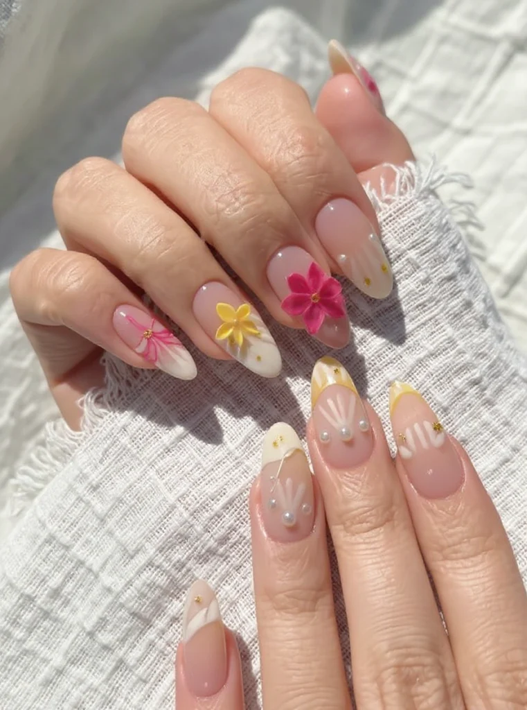 Diseño tropical con conchas, hojas y detalles dorados, ideal para vacaciones verano 2025.