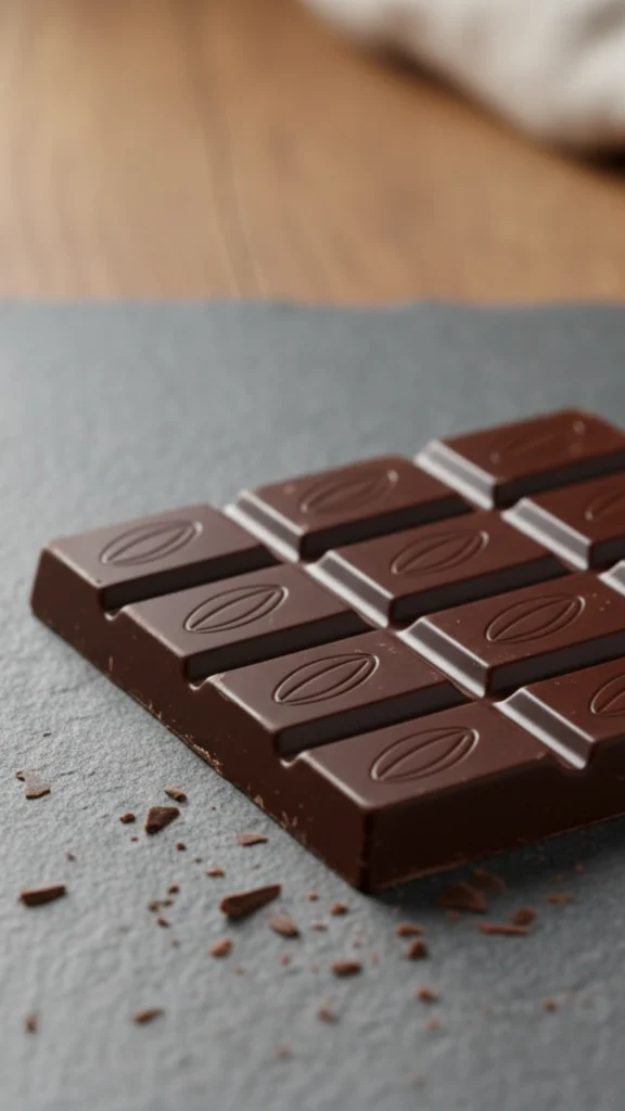 Tableta de chocolate negro resaltando las propiedades del cacao en su forma más pura.