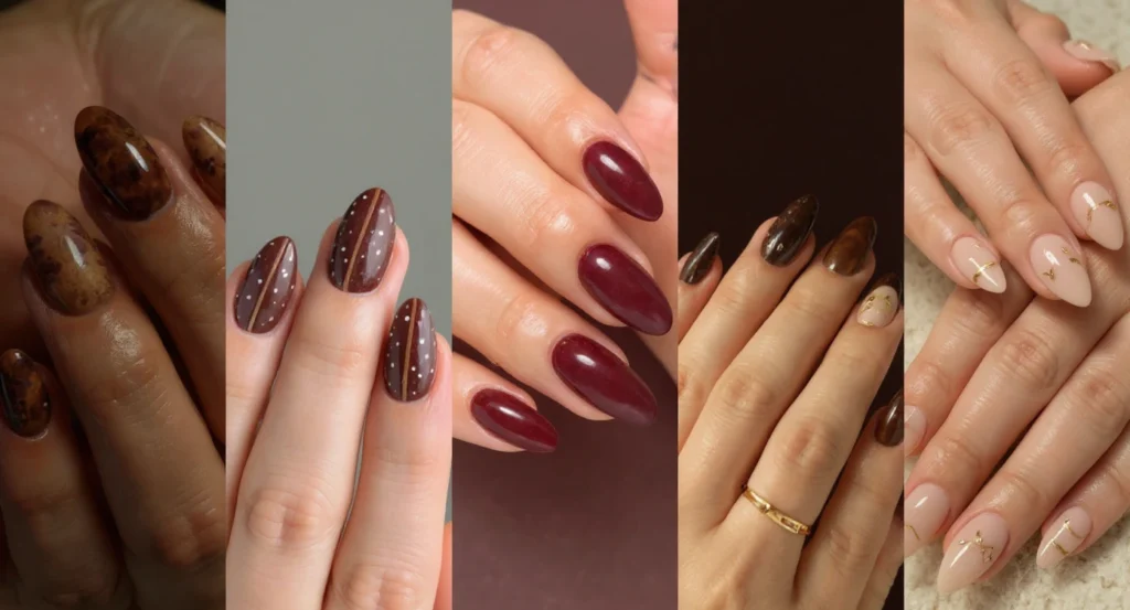 Collage con diferentes estilos de uñas otoñales: granate, nude, naranja y estampados.