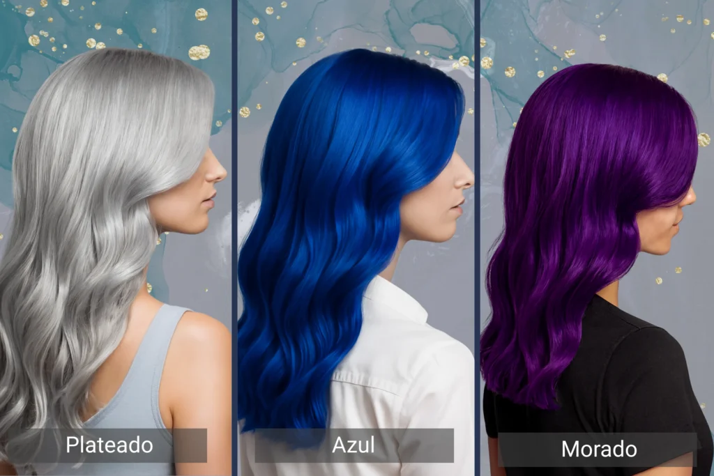 Chicas con cabello plata, azul eléctrico y morado intenso, creando un efecto wow.