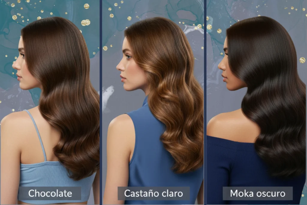 Chicas con cabello chocolate, castaño claro y moka oscuro, destacando sus ojos azules.