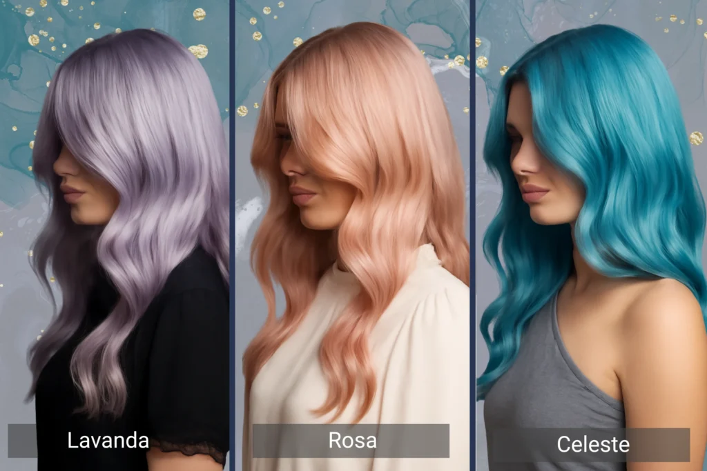 hicas con cabello lavanda, rosa hielo y celeste pastel, iluminando sus ojos azules.