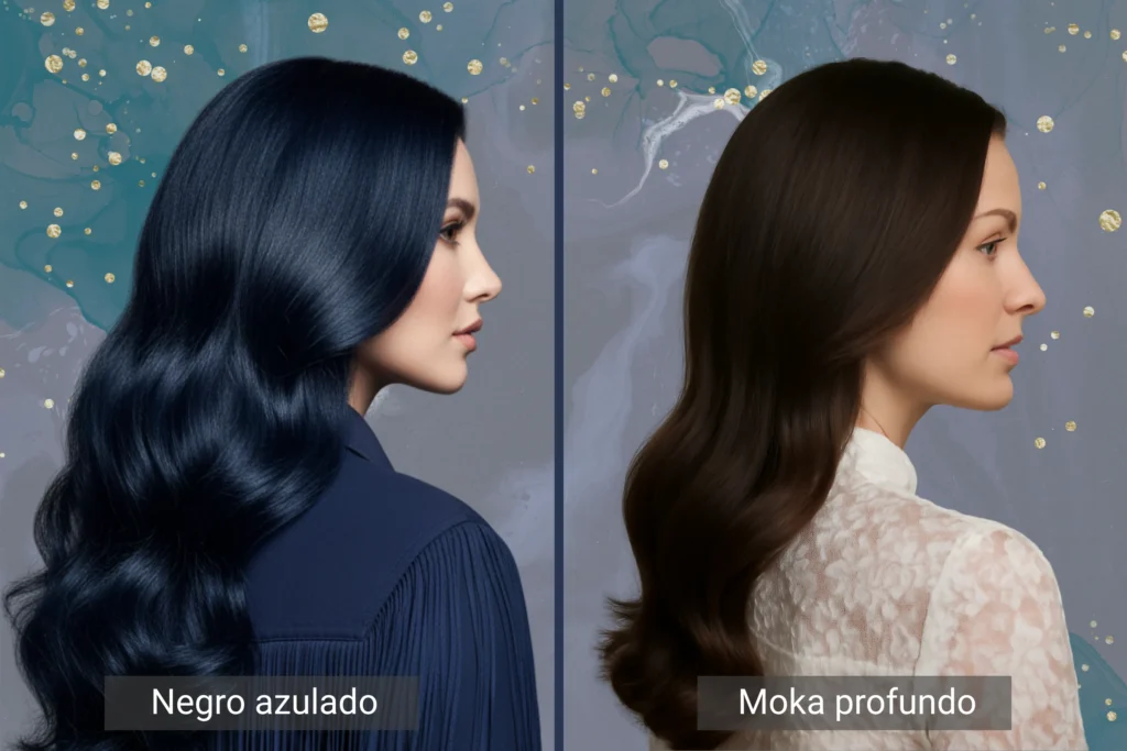 Chicas con cabello negro azulado y moka profundo, potenciando el contraste de sus ojos azules.