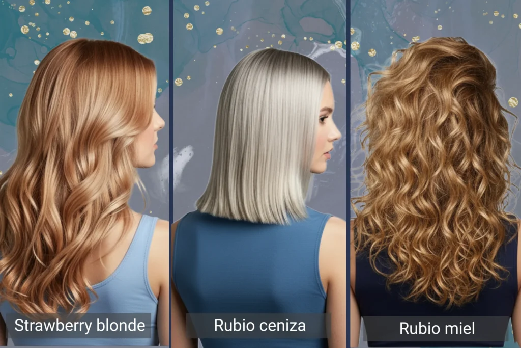 Colores de pelo para ojos azules: rubio ceniza, strawberry blonde y rubio miel.