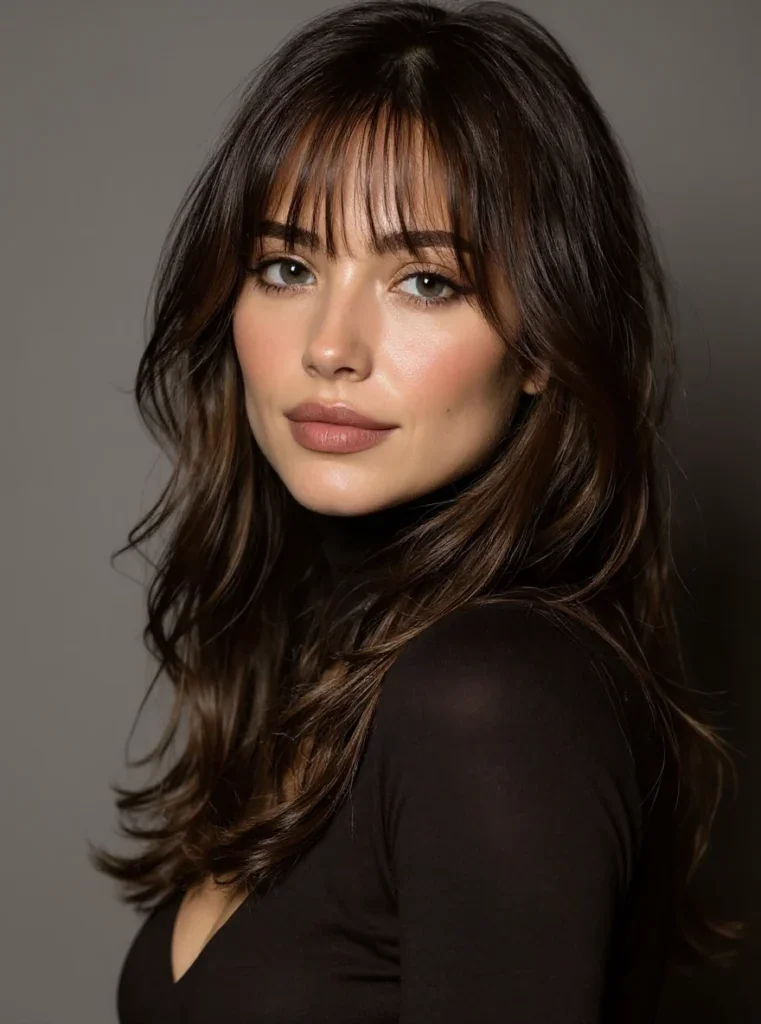 Mujer con cabello castaño oscuro y corte en capas con flequillo ligero