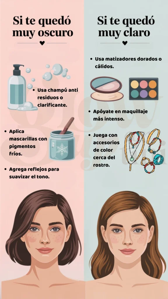 Ilustración con soluciones si el tono quedó más oscuro o más claro de lo esperado