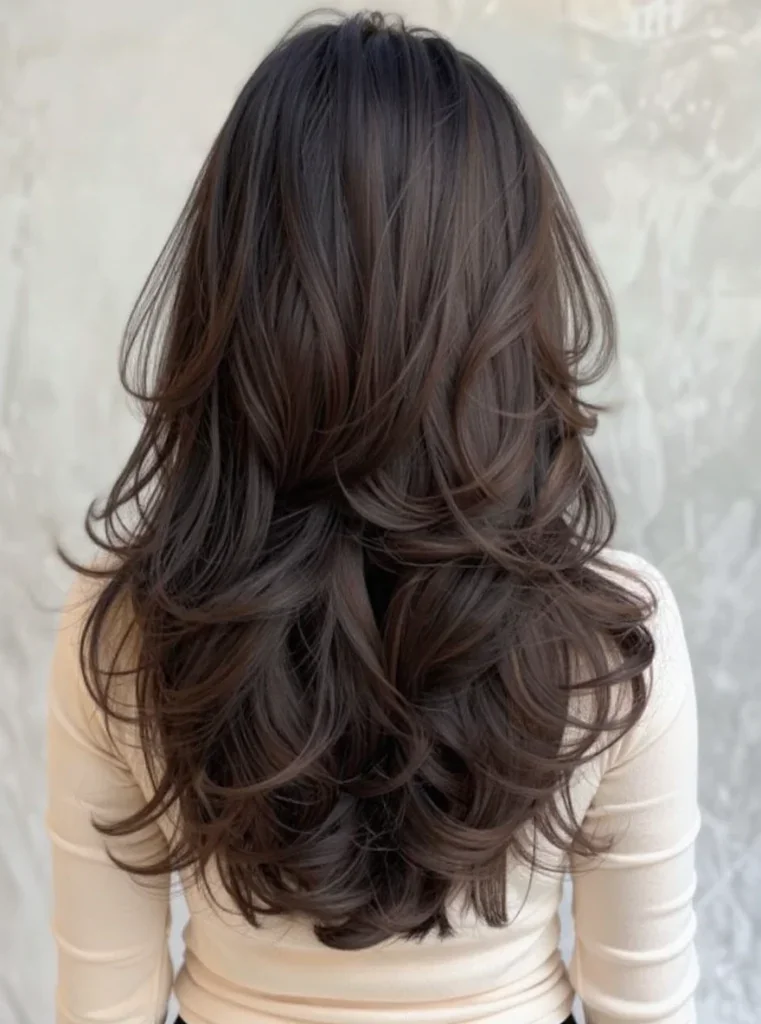 Vista posterior de un corte de pelo en capas largas con volumen y movimiento en cabello castaño
