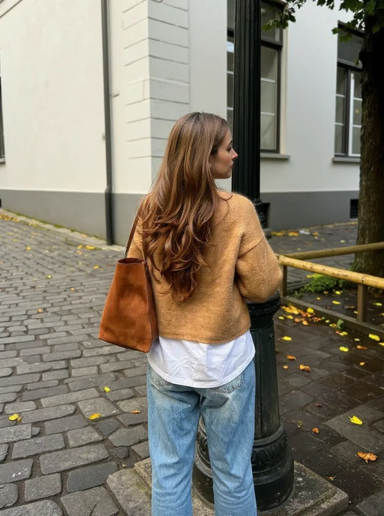 Mujer de espaldas con corte en capas de cabello castaño a media espalda y puntas onduladas