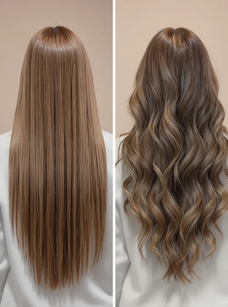Comparativa de cabello largo liso y cabello largo con corte en capas y ondas