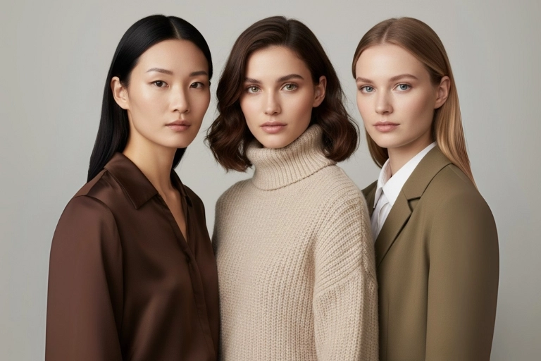 Tres mujeres muestran diferentes tipos de contrastes en colores y estilos.