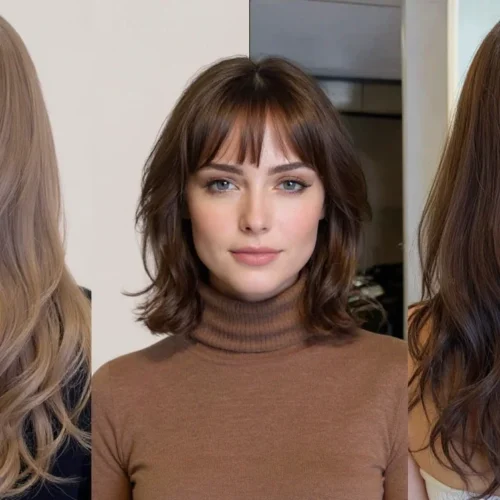 Collage de tres cortes de pelo en capas para mujer, con melena rubia ondulada, corte medio con flequillo y cabello largo castaño