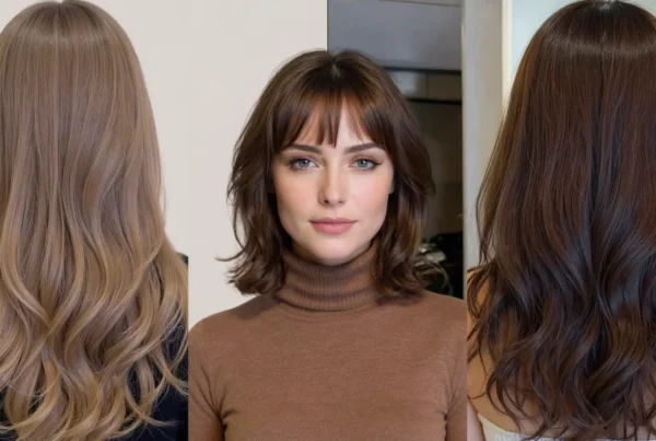 Collage de tres cortes de pelo en capas para mujer, con melena rubia ondulada, corte medio con flequillo y cabello largo castaño