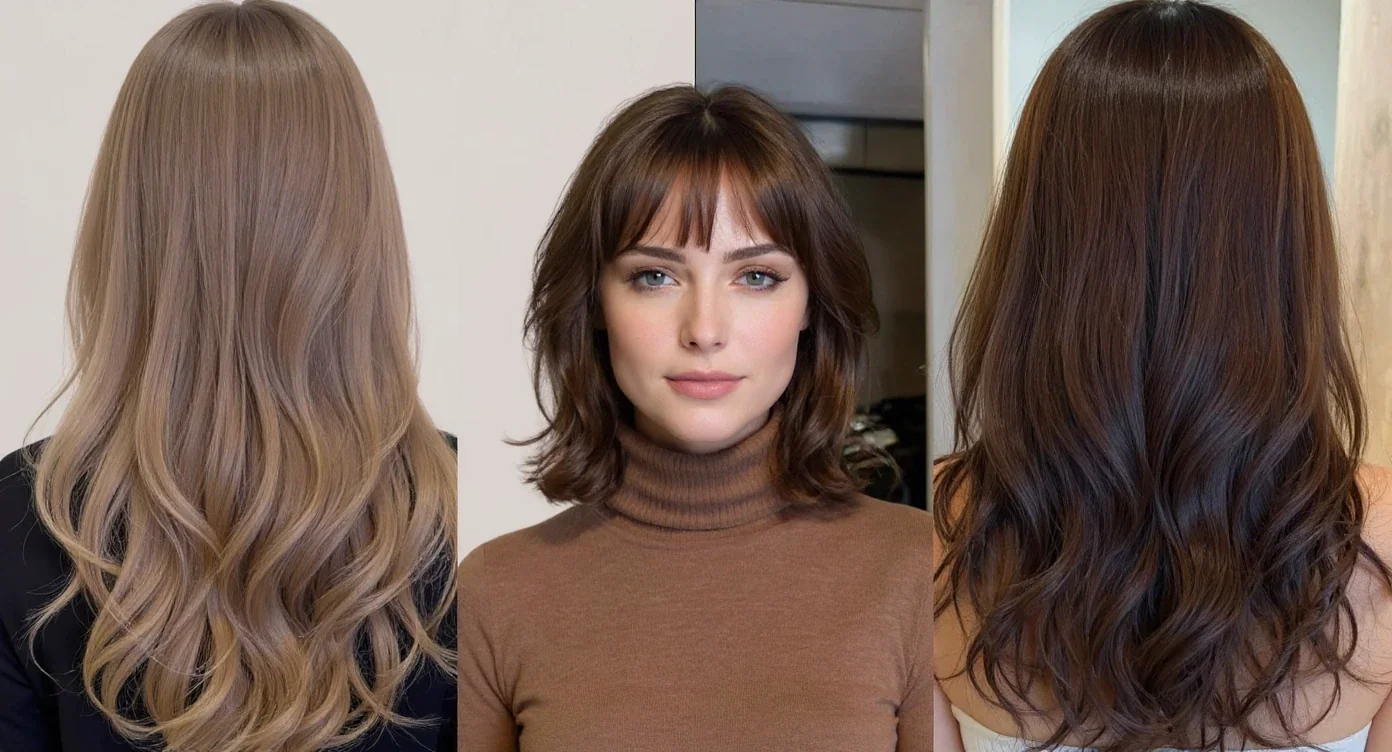 Collage de tres cortes de pelo en capas para mujer, con melena rubia ondulada, corte medio con flequillo y cabello largo castaño