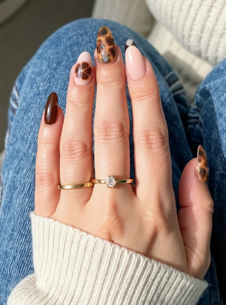 Uñas almendradas en tono moca con acabado brillante y look sofisticado.