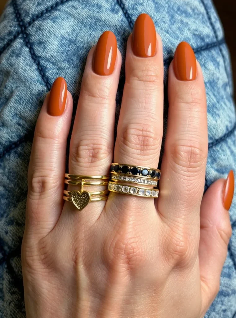 Uñas largas en tono naranja calabaza con acabado brillante y anillos dorados.