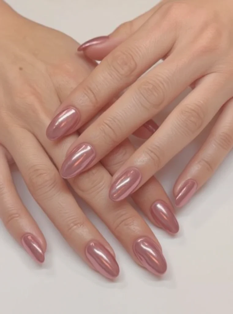 Uñas largas en tono rosa cromado con acabado elegante y minimalista.