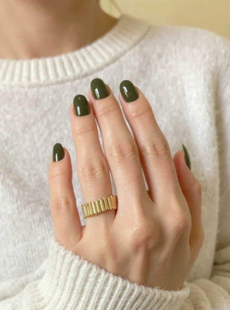 Uñas en verde oliva mate con anillos dorados en estilo elegante.