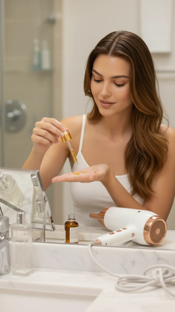 Mujer usando sérum antiencrespamiento como producto para el pelo que sella e hidrata las puntas.