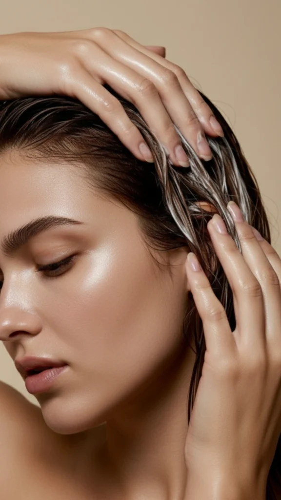 Mujer aplicando acondicionador como producto para el pelo.
