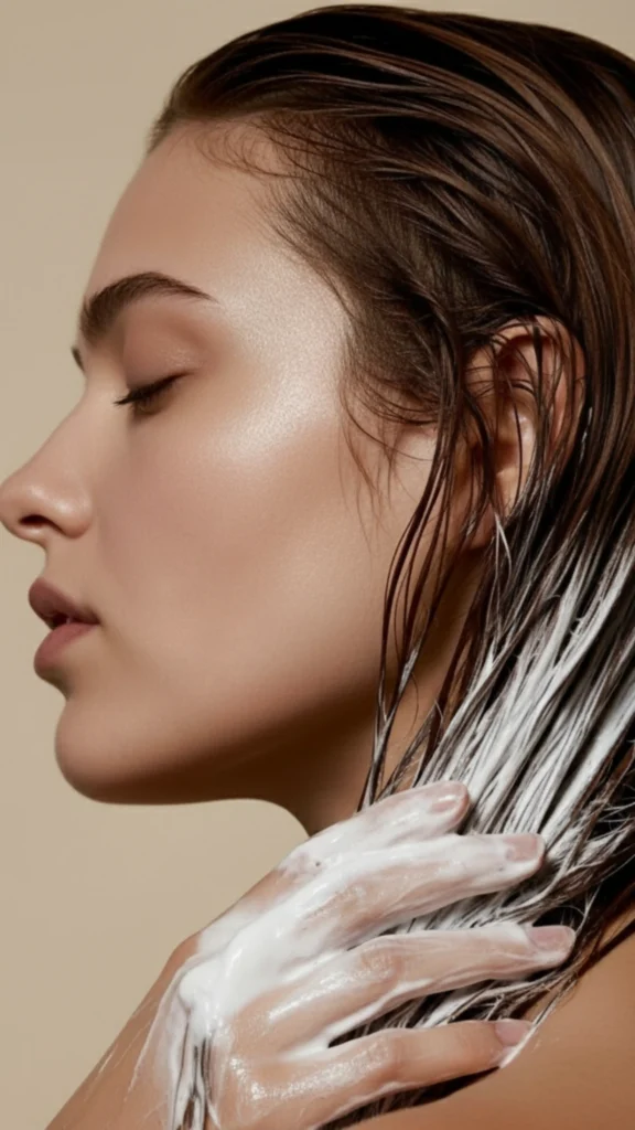 Mujer aplicando mascarilla capilar como producto para el pelo que hidrata.