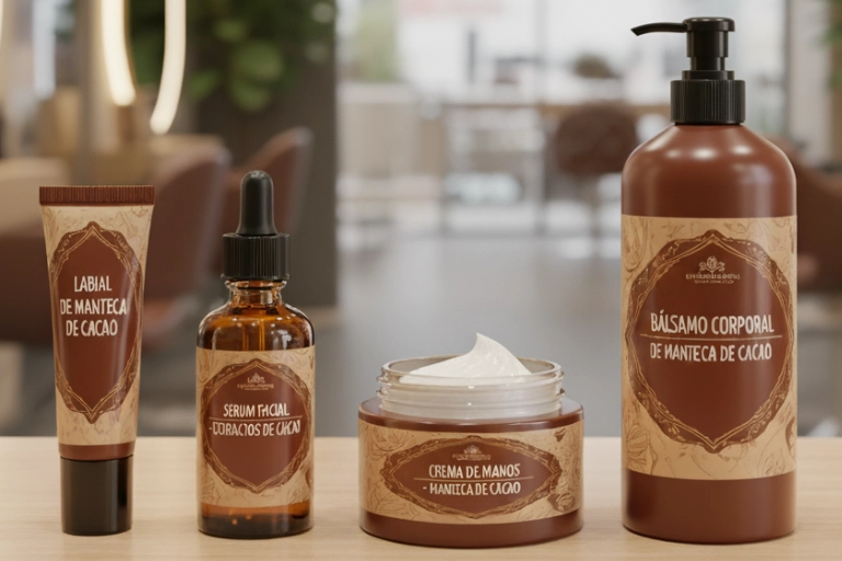 Productos cosméticos con manteca de cacao resaltando las propiedades del cacao para el cuidado de la piel.
