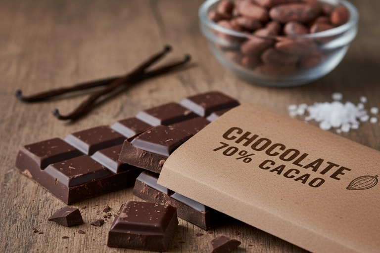 Tableta de chocolate 70% cacao resaltando las propiedades del cacao en su consumo saludable.