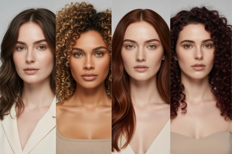 Modelos con diferentes tonos que reflejan contraste medio en piel y cabello.