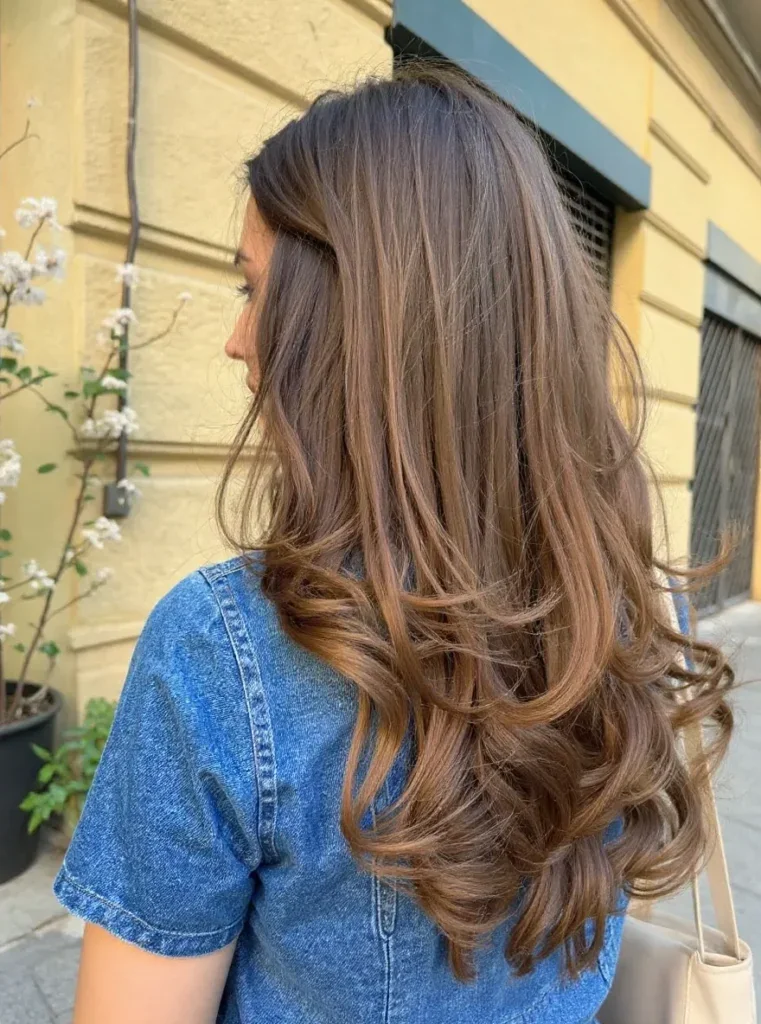 Corte de pelo en capas largas y desfiladas con ondas suaves y reflejos castaños