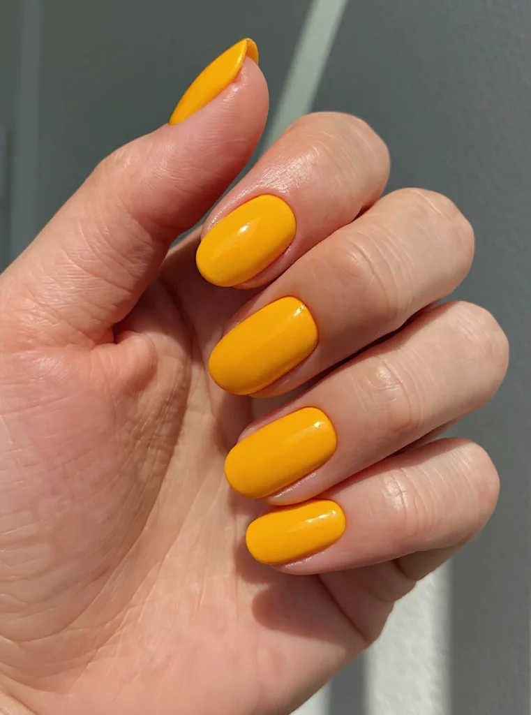 Manicura corta en amarillo mostaza intenso, perfecta para un look alegre de otoño.