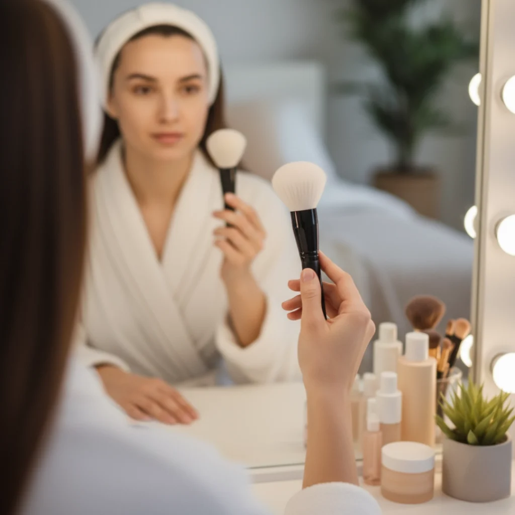 Chica usando brocha para aplicar colorete crema en su rostro.