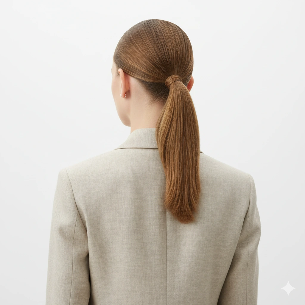 Coleta baja pulida, peinado fácil para pelo corto liso con acabado chic.