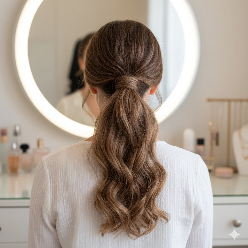 Coleta baja pulida, peinado fácil para pelo corto liso con acabado chic.