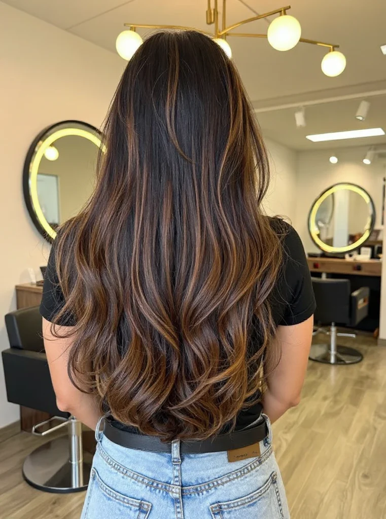 Mujer piel morena con cabello castaño oscuro y reflejos cálidos