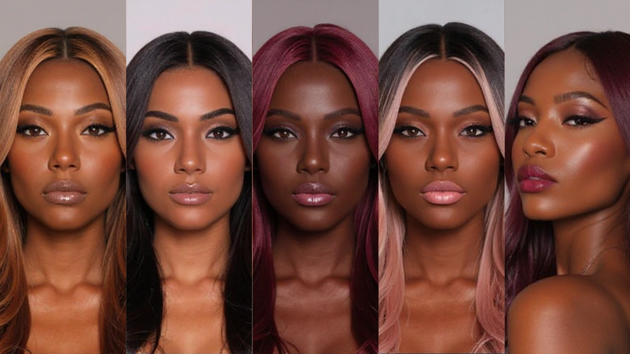 Colores de tinte para piel morena: balayage caramelo, tono cobrizo, vino profundo, rosa fantasía y dorados en estilo moderno y profesional
