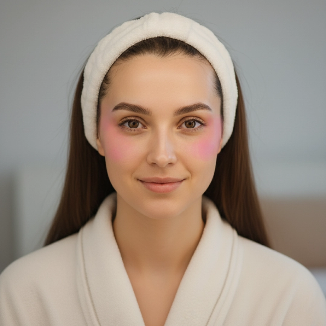 Colorete crema rosado aplicado desde las mejillas hasta las sienes